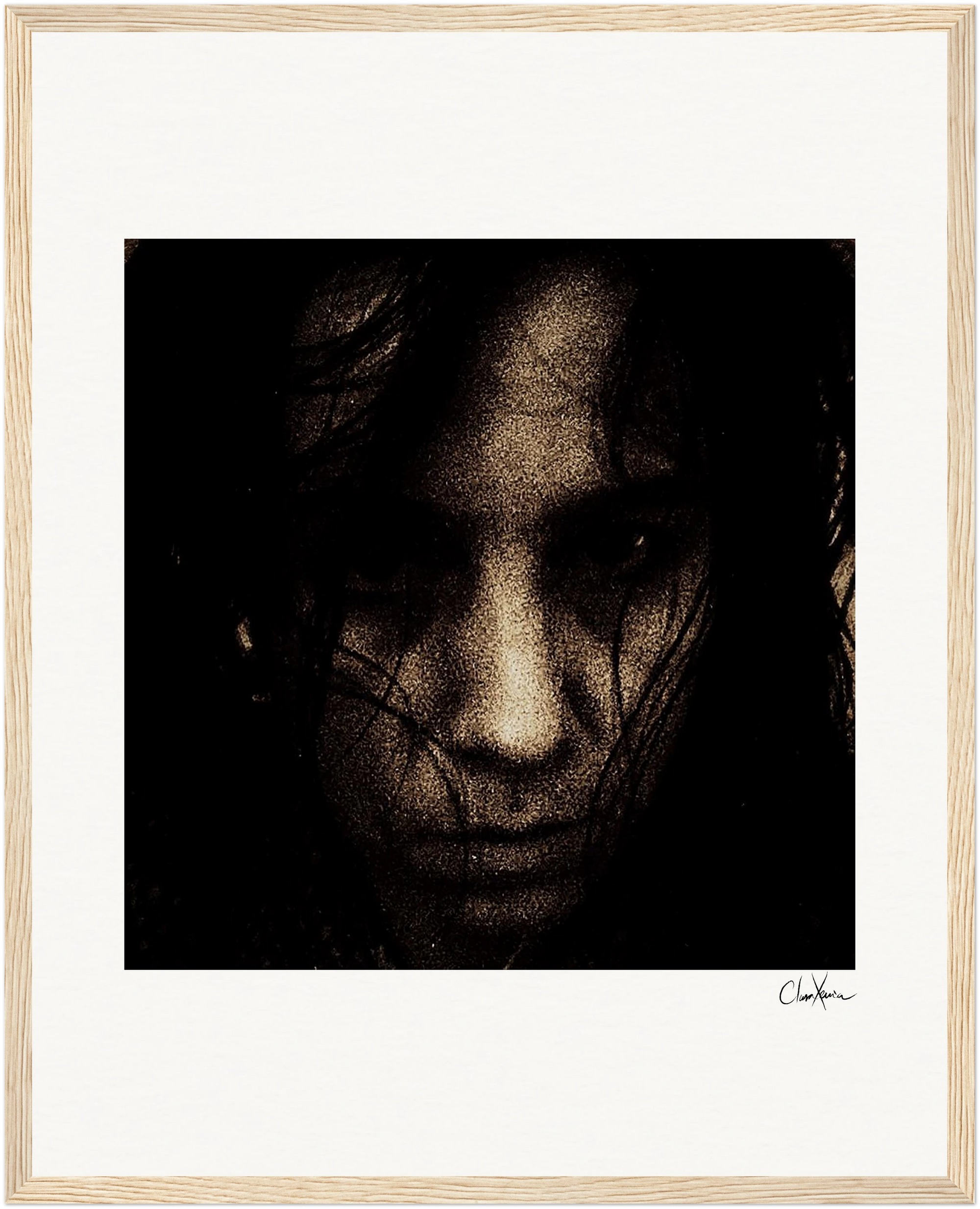 A grainy, dark-toned close-up of a person’s face with an intense expression, partially obscured by shadows and strands of hair, presented as framed wall art—perfect for mindful home decor and conscious interior design.