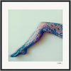 A single human leg extended diagonally, wearing patterned lace tights with a floral design, against a plain light background. The image is framed in a gallery-quality frame and signed in the bottom right—ideal for mindful home decor.
