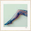 A single leg is extended against a pale background, wearing black lace-patterned tights with floral designs. The image, with a soft blurred effect and gallery-quality frame, adds an inspirational wall art touch to conscious interior design.