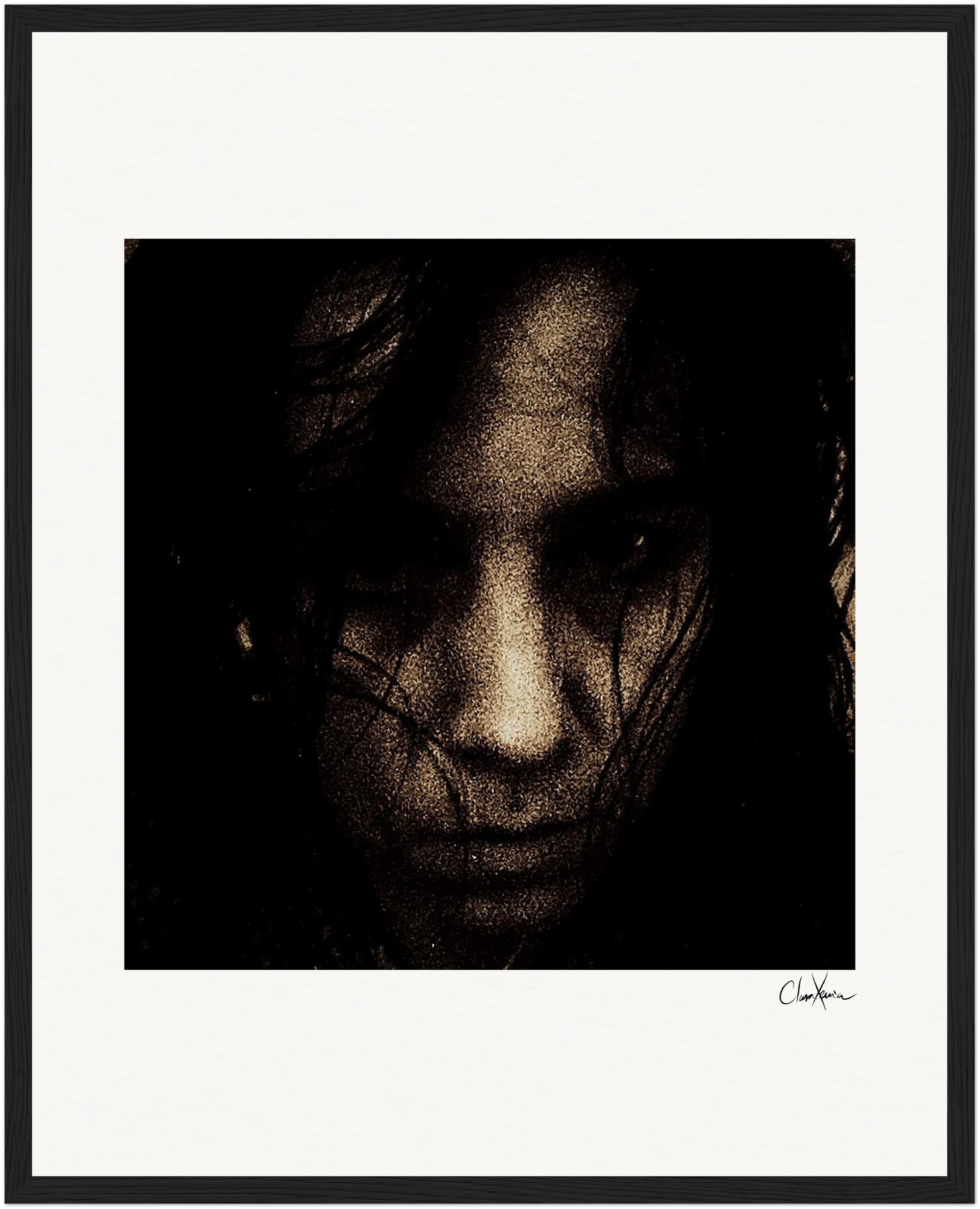 A grainy, dark-toned close-up of a person's face with long hair partially covering their features, set against a light background and elegantly presented in a gallery-quality frame, perfect for lovers of conscious interior design.