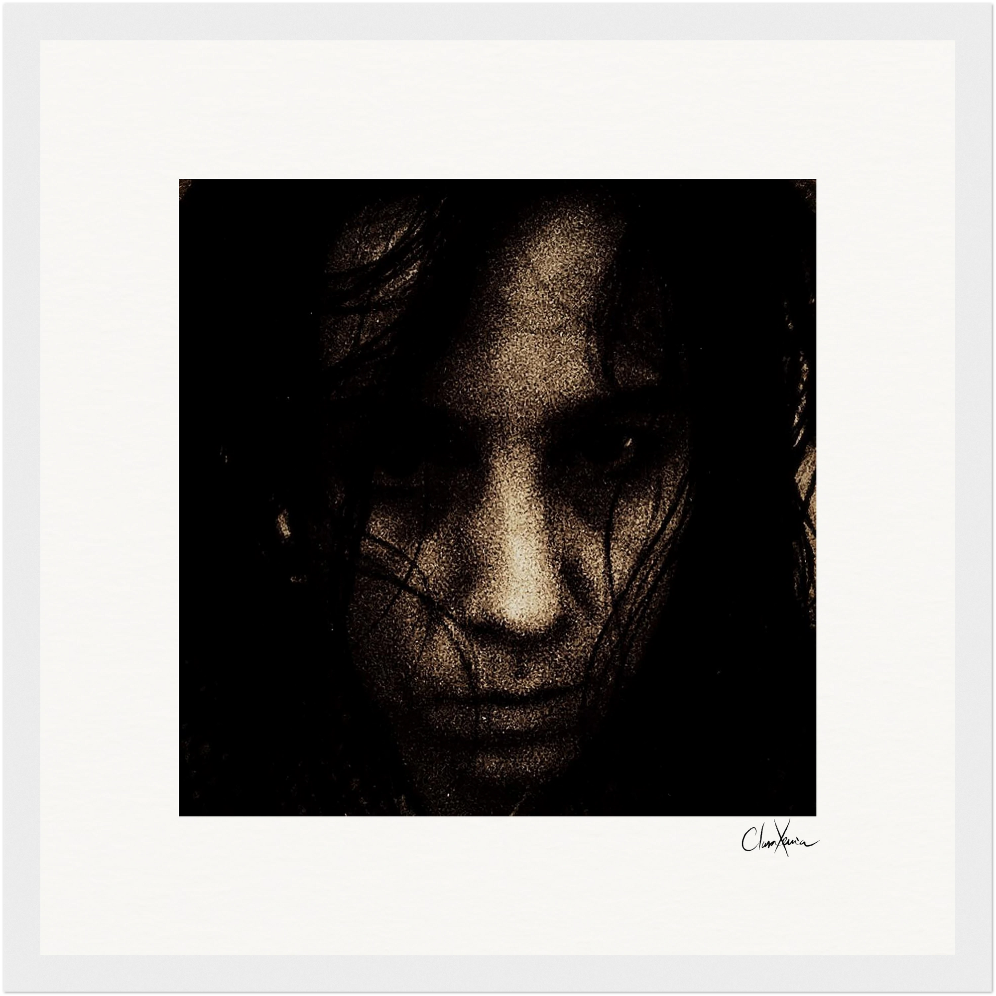 A dark, grainy close-up of a person’s face, partially obscured by shadows and strands of dark hair, set against a light background with a signature in the bottom right corner—ideal as gallery-quality framed wall art for mindful home decor.