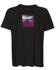 French Navy t-shirt featuring a striking art print: a small rectangular graphic of a colorful, blurred landscape with a silhouette by water under cloudy skies—perfect for mindful apparel and conscious fashion fans.