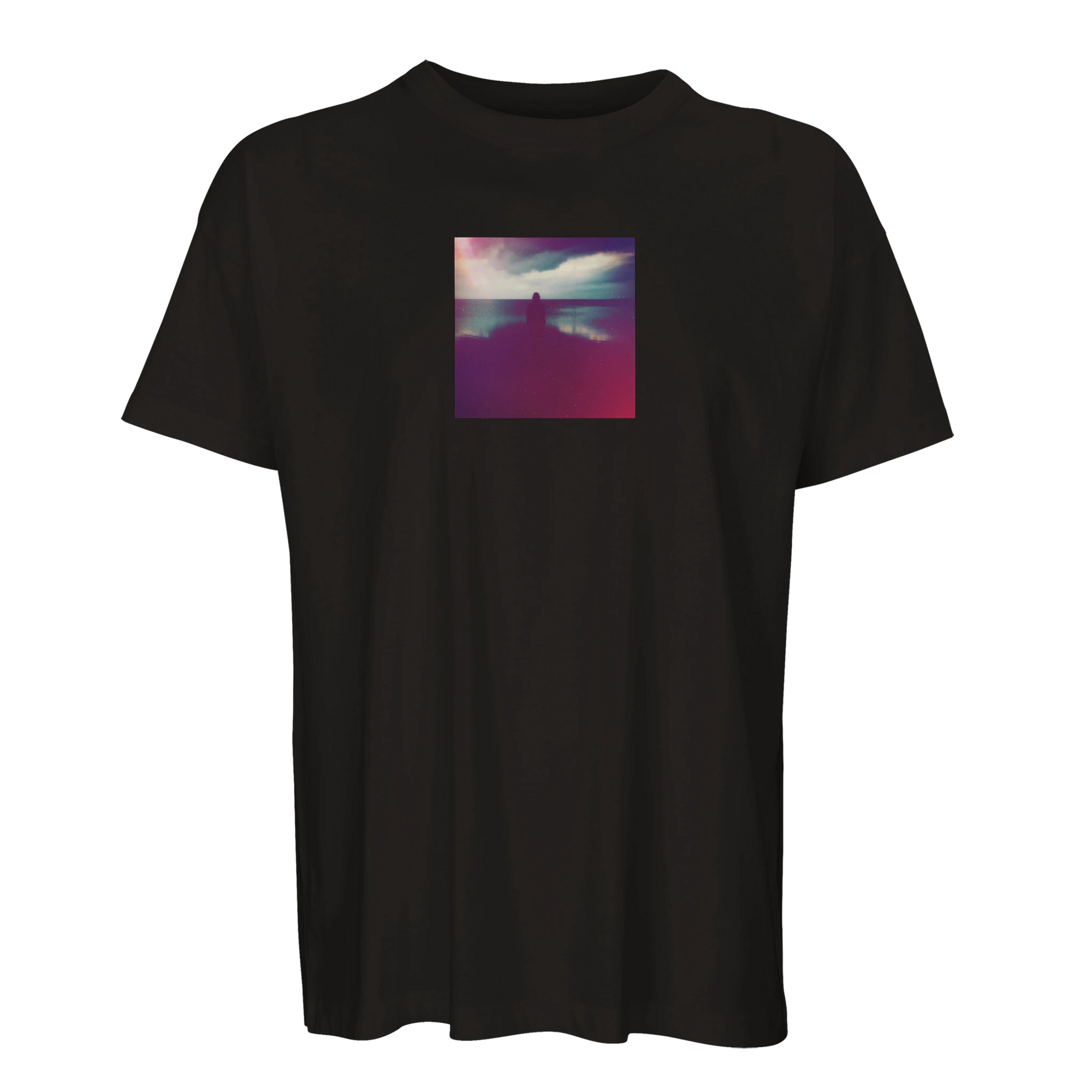 French Navy t-shirt featuring a striking art print: a small rectangular graphic of a colorful, blurred landscape with a silhouette by water under cloudy skies—perfect for mindful apparel and conscious fashion fans.