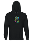 A black hoodie with drawstrings features a vibrant art print of two high-heeled shoes on the front. Set against a plain white background, this standout piece is a conscious choice for any organic clothing collection.