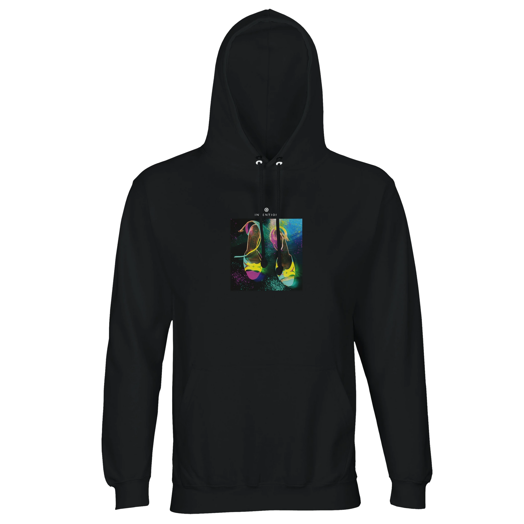 A black hoodie with drawstrings features a vibrant art print of two high-heeled shoes on the front. Set against a plain white background, this standout piece is a conscious choice for any organic clothing collection.