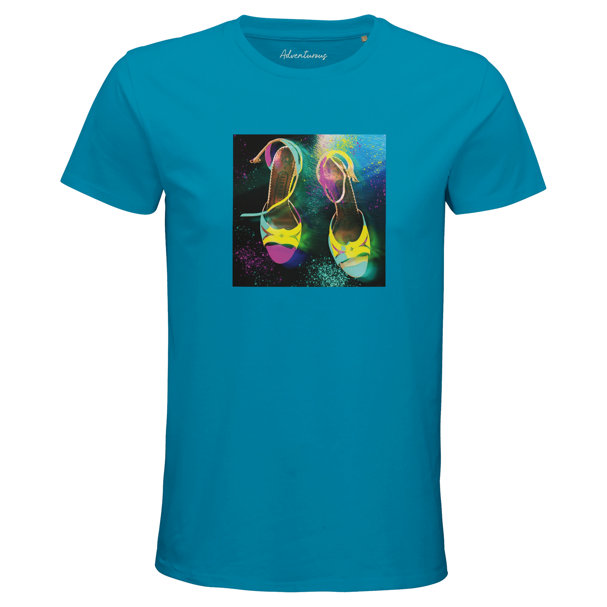 Adventurous Dancing in Colours Organic Men's Fitted T-shirt Aqua flat front