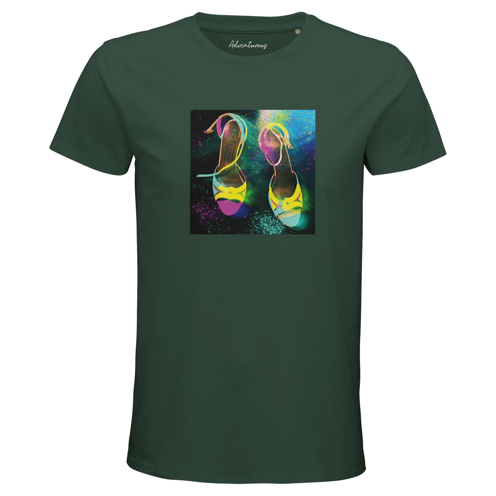 Adventurous Dancing in Colours Organic Men's Fitted T-shirt Bottle Green flat front