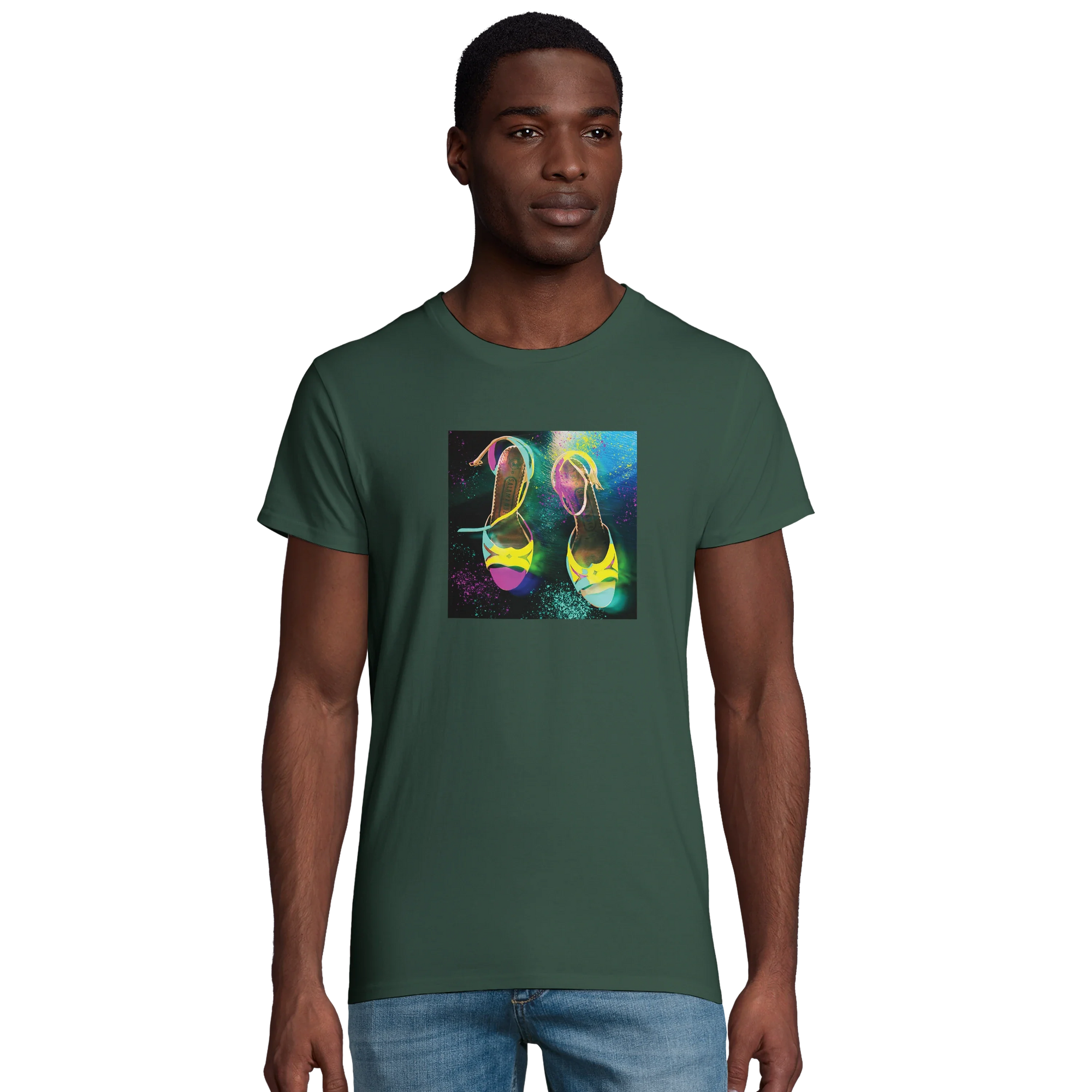 Adventurous Dancing in Colours Organic Men's Fitted T-shirt Bottle Green model front