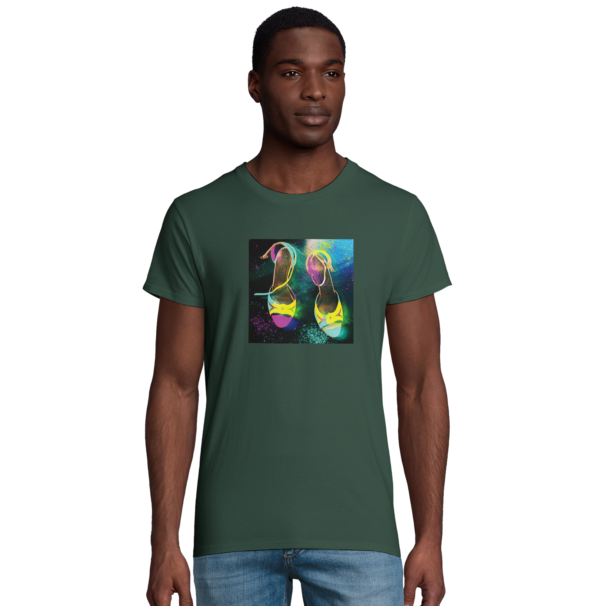 Adventurous Dancing in Colours Organic Men's Fitted T-shirt Bottle Green model front