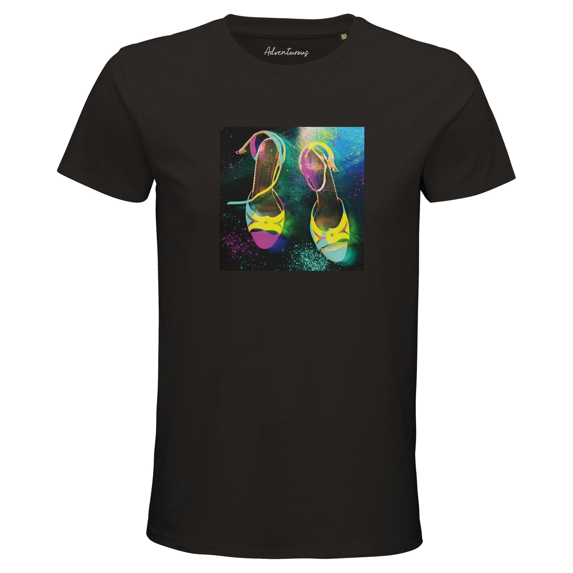 Adventurous Dancing in Colours Organic Men's Fitted T-shirt Deep Black flat front