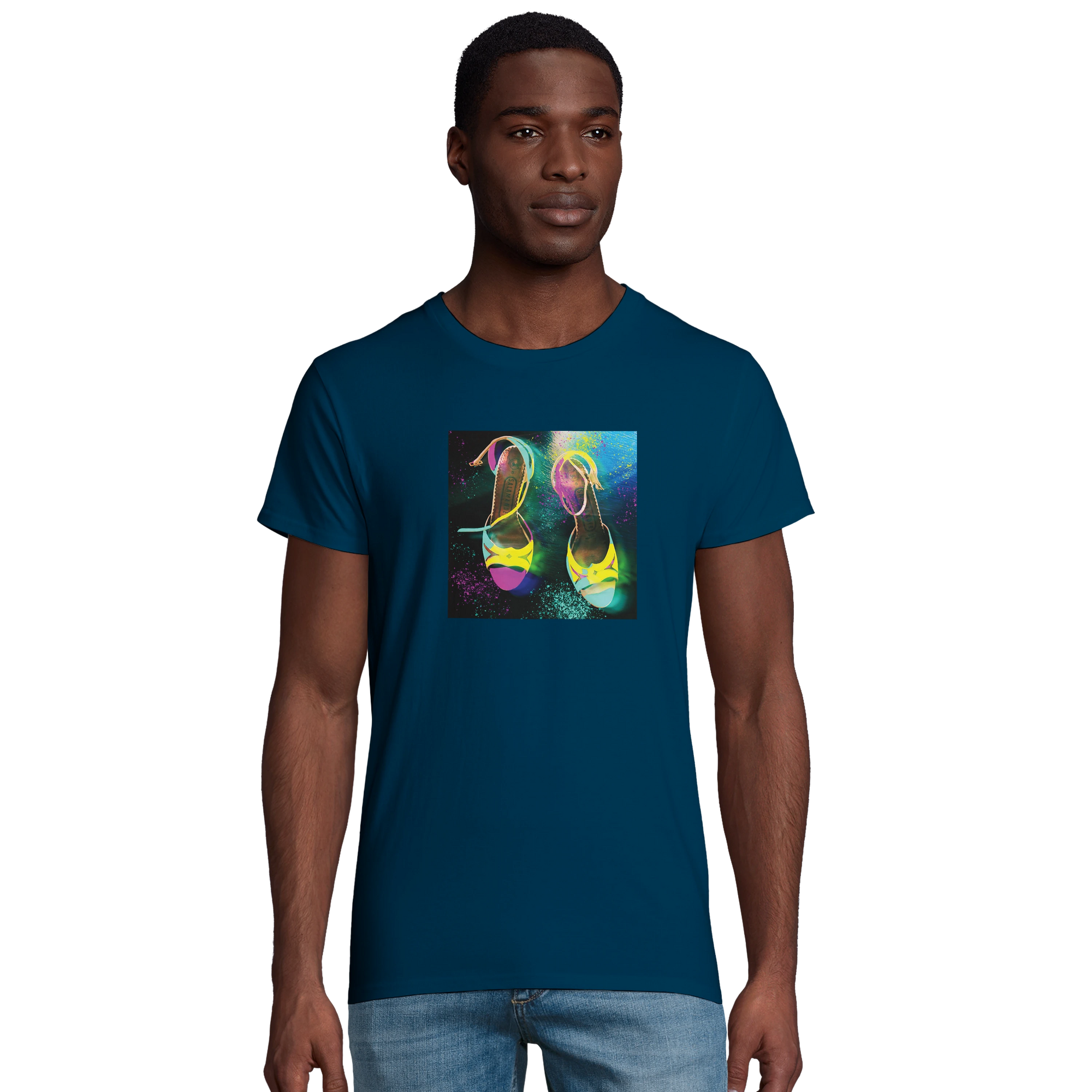 Adventurous Dancing in Colours Organic Men's Fitted T-shirt denim model front