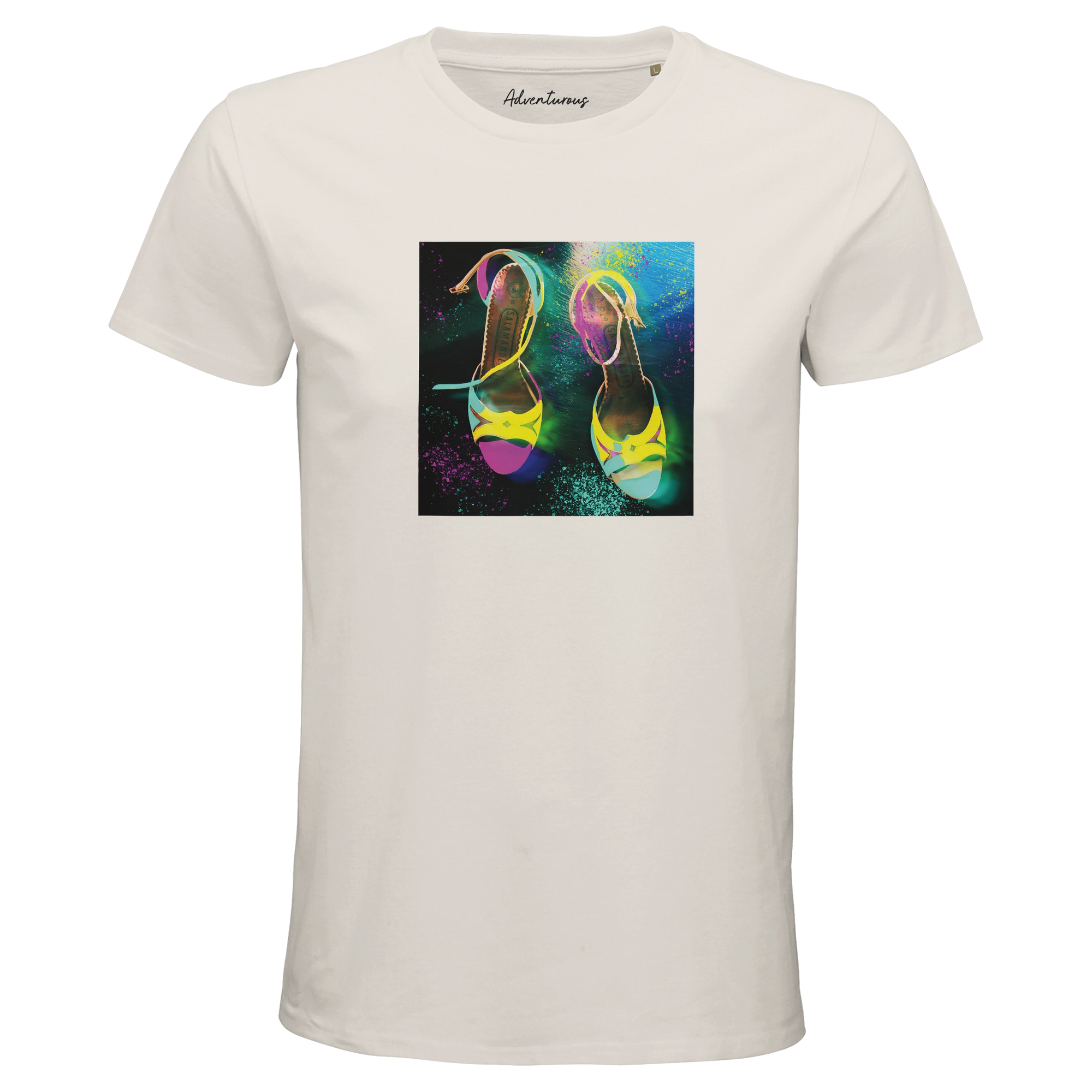 Adventurous Dancing in Colours Organic Men's Fitted T-shirt Off White flat front