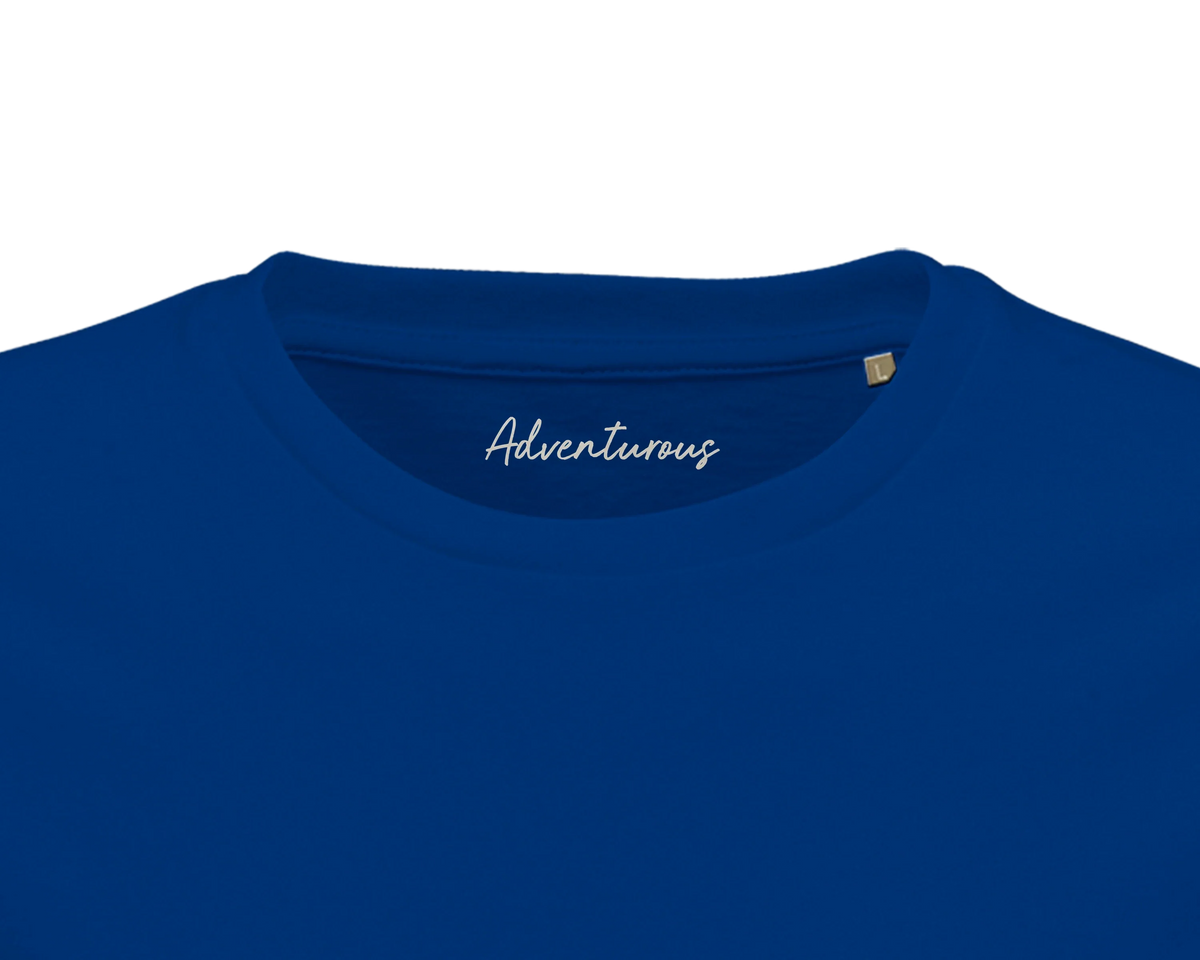 Adventurous Dancing in Colours Organic Men's Fitted T-shirt Royal Blue inside neck