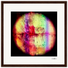 A circular abstract image resembling lips, in vivid red, purple, green, and yellow with textured paint drips, set against a black background in a dark wood gallery-quality frame—an inspiring wall art piece for conscious interiors.
