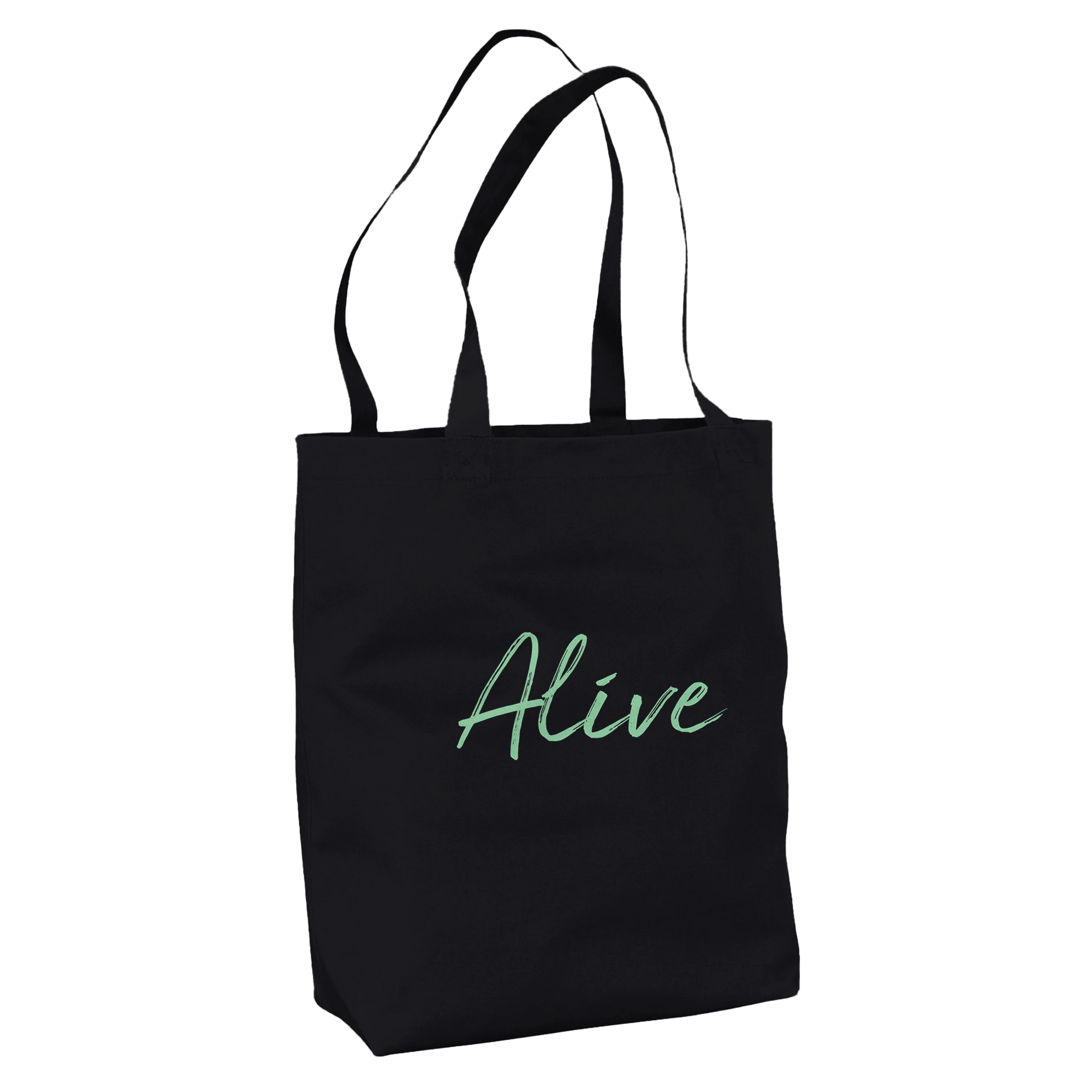 A black tote bag with two handles features the word Alive printed in light green script on the front. Made from organic material, this mindful apparel piece stands out against a plain white background.