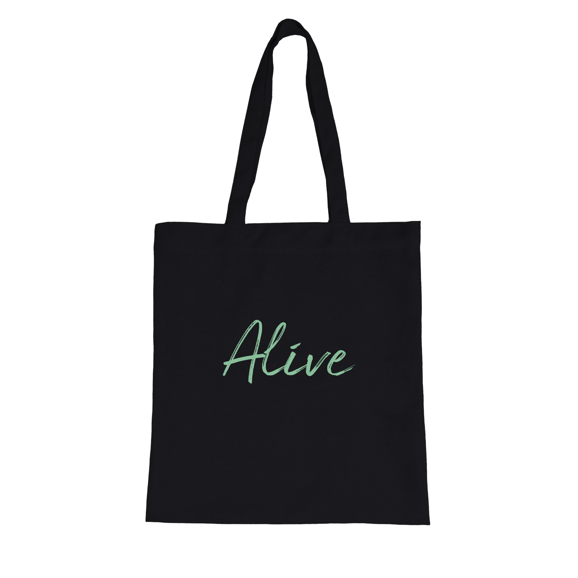 A black tote bag made from organic material with the word Alive printed in light green cursive letters on the front, displayed against a plain white background—a perfect piece for mindful apparel and conscious fashion lovers.