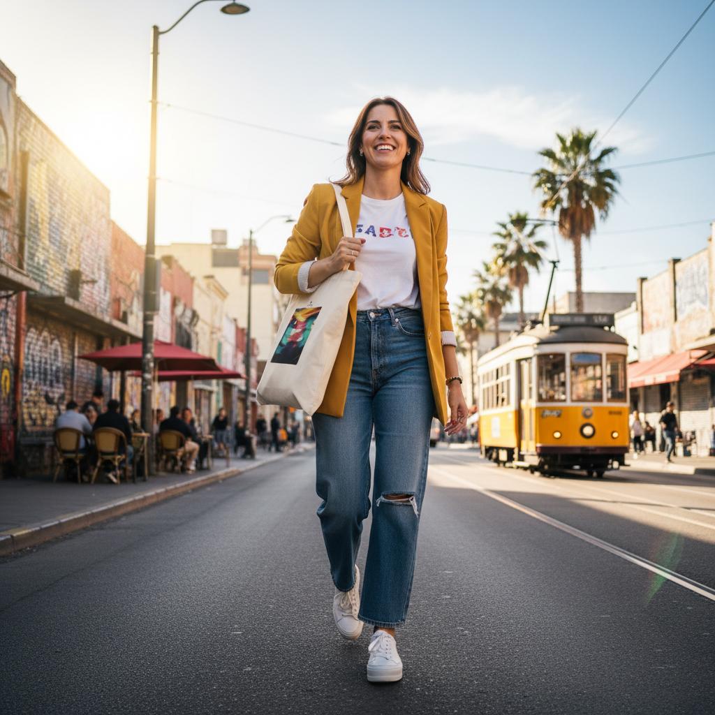A woman in a yellow blazer and ripped jeans, carrying a tote bag made from organic material, walks confidently down a city street lined with palm trees, a yellow tram, vibrant street art, and people enjoying cafes.