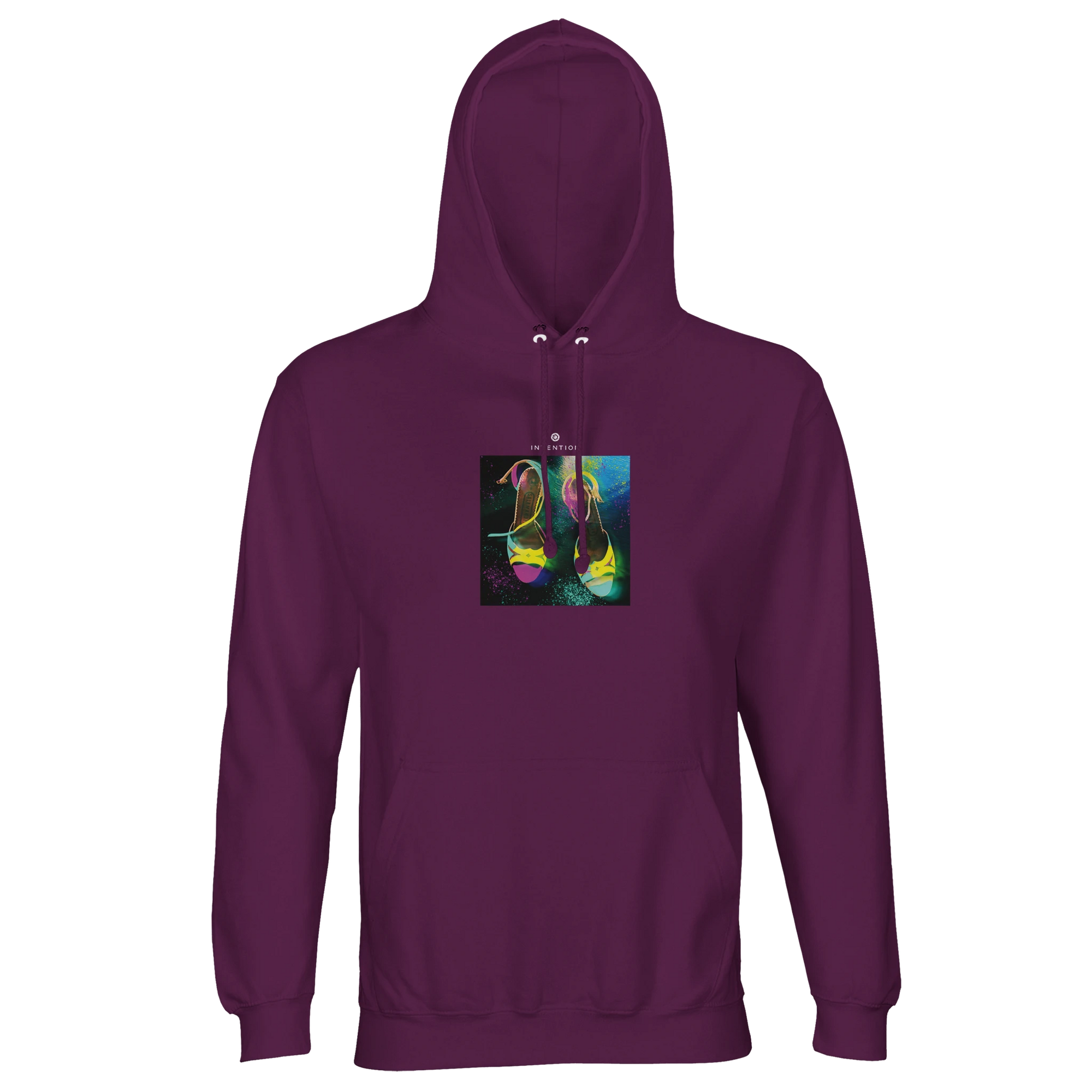 An astral purple hoodie with an abstract art print of two high-heeled shoes on the front center. This stylish piece features a front pocket and drawstrings, combining comfort with creative flair.