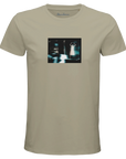 Rope short-sleeve t-shirt with a centered rectangular art print featuring a blurry, dark, and abstract image with indistinct figures and blue-white lights—perfect for conscious fashion lovers.