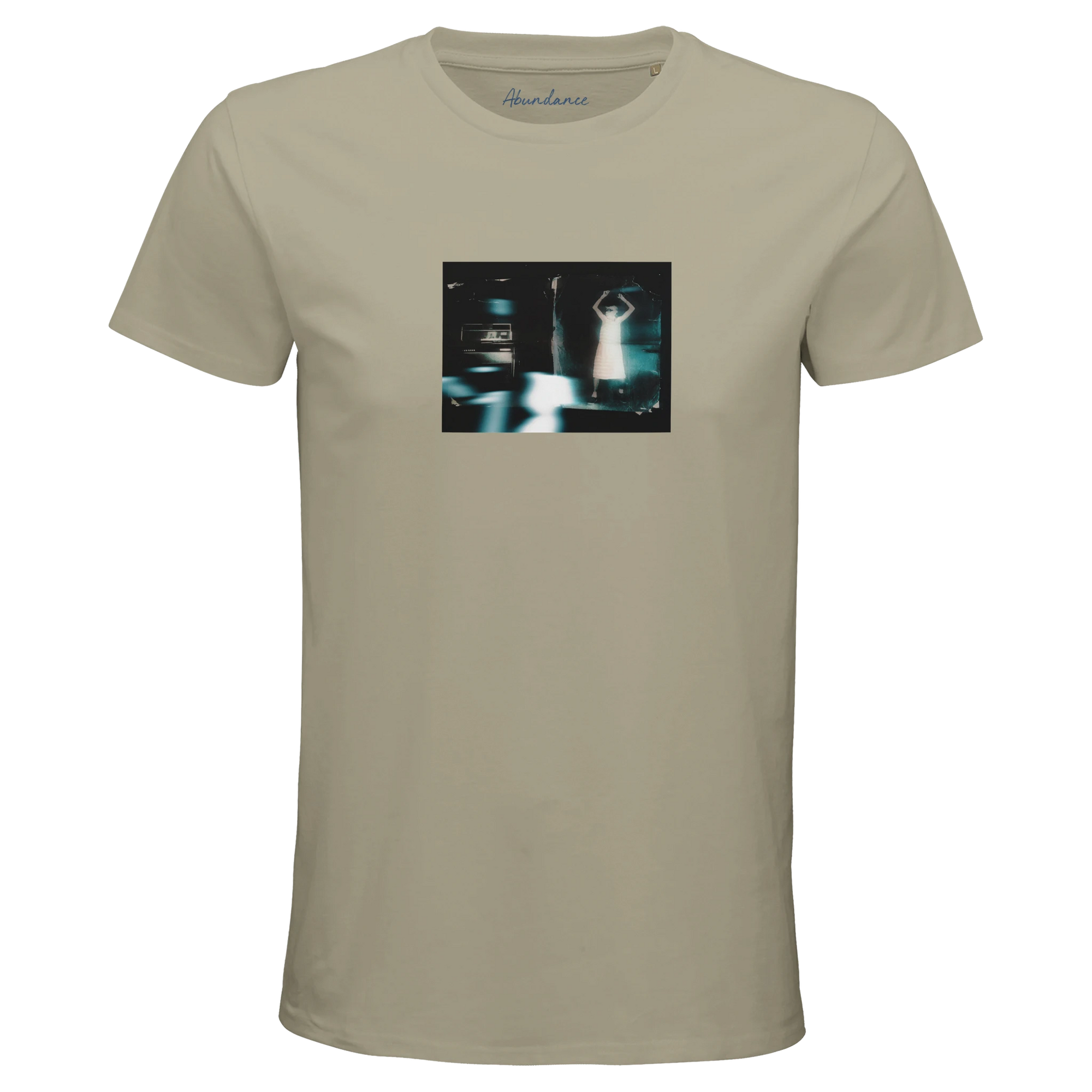 Rope short-sleeve t-shirt with a centered rectangular art print featuring a blurry, dark, and abstract image with indistinct figures and blue-white lights—perfect for conscious fashion lovers.