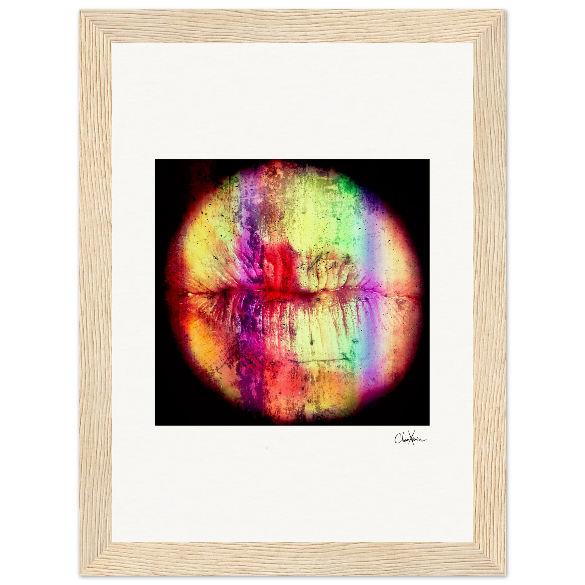 A framed wall art piece showing a close-up of lips in a circular, rainbow-colored design with textured effects on a white background, set in a wood frame—an ideal choice for mindful home decor.