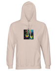 A creamy pink hooded sweatshirt featuring a colorful abstract high-heeled shoes print on the chest, complete with a front pocket and adjustable drawstrings.