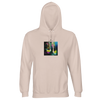 A creamy pink hooded sweatshirt featuring a colorful abstract high-heeled shoes print on the chest, complete with a front pocket and adjustable drawstrings.
