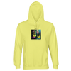A light yellow hooded sweatshirt with an art print of two colorful high-heeled shoes on an abstract background, ideal for conscious fashion lovers.