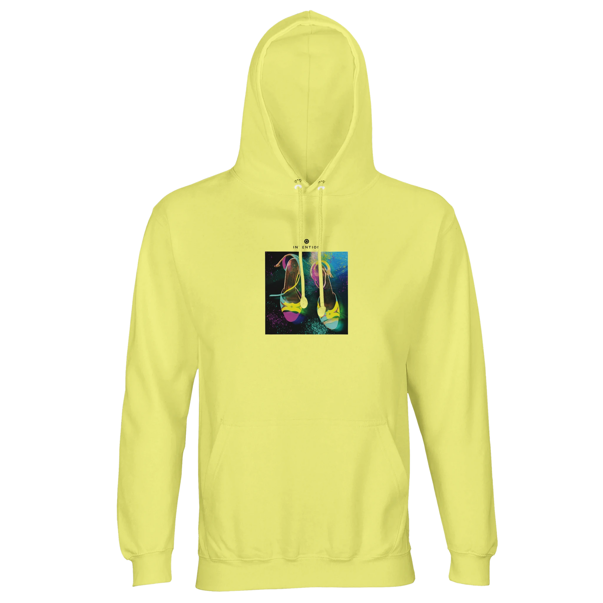 A light yellow hooded sweatshirt with an art print of two colorful high-heeled shoes on an abstract background, ideal for conscious fashion lovers.