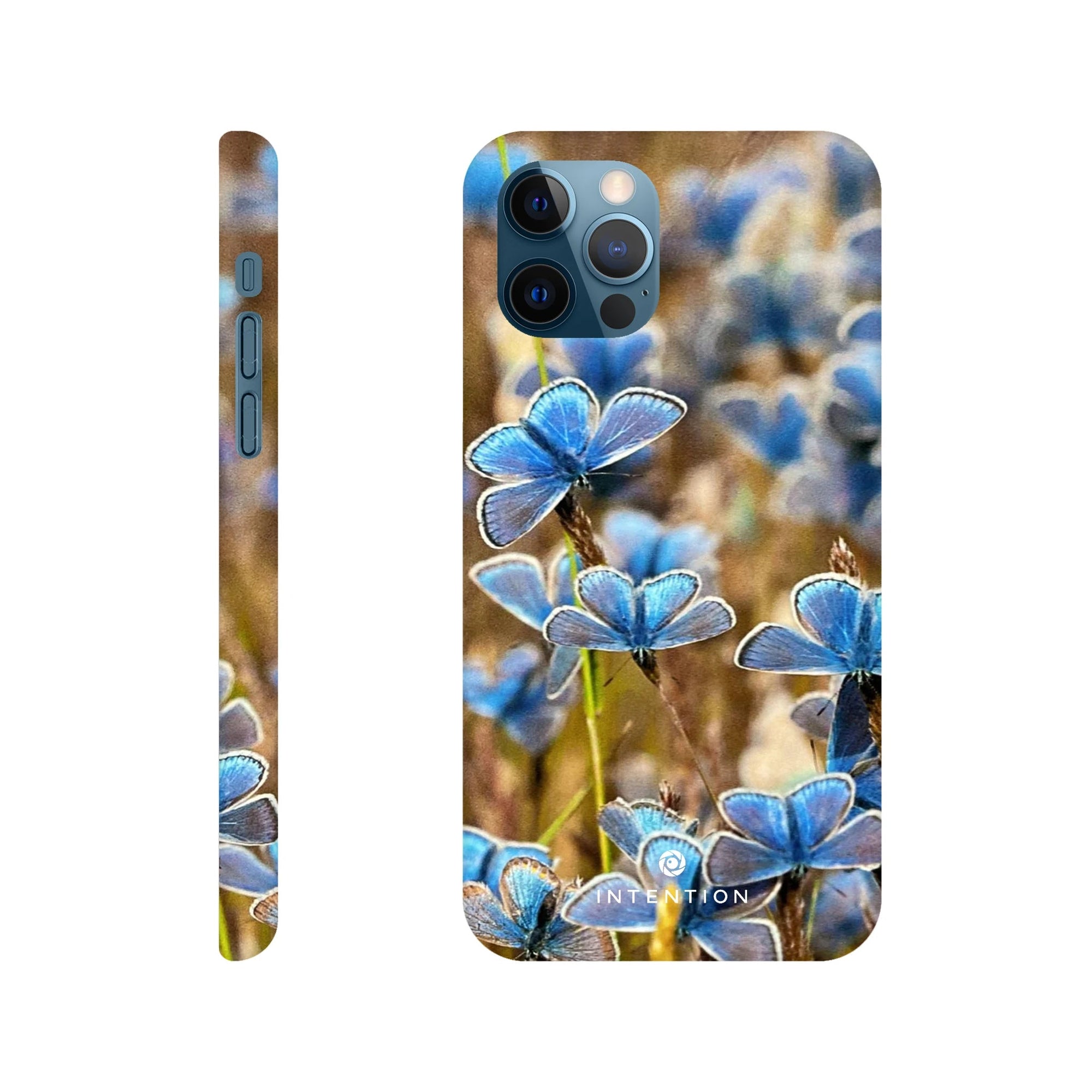 A phone case featuring photo art of blue butterflies on plants. Shown from back and side angles, it highlights the detailed butterfly pattern, camera cutout, and varied textures for a striking art print look.