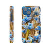 A phone case featuring a close-up photo art of multiple blue butterflies resting on plants, shown from the back and side, with beautiful textures. The word INTENTION is printed near the bottom of the case.