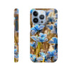 A phone case featuring a photo art close-up of multiple blue butterflies on grass, shown from the back and side angles. The word INTENTION appears near the bottom of the back, highlighting beautiful textures.