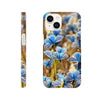 Photo art phone case with multiple blue butterflies on a blurred natural background, featuring artistic textures. The word “INTENTION” appears at the bottom. Case is shown from both side and back angles.