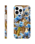 A phone case featuring an art print of blue butterflies resting on grass is shown from the side and back. The textured back displays the word INTENTION and a small circular logo near the bottom.