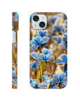 A phone case featuring a close-up photo art of blue butterflies on grass, with the word INTENTION printed near the bottom center. The case displays detailed textures and is shown from both back and side angles.