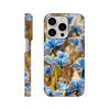 A smartphone case featuring photo art of blue butterflies on grass, highlighted with rich textures. The word INTENTION is printed at the bottom of the back view. Shown from the side and back.