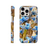 A smartphone case featuring a close-up photo art design of blue butterflies on flowers, shown from the back and side view. The word INTENTION is printed near the bottom, highlighting elegant textures.