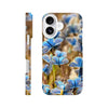 A phone case featuring a photo art close-up of multiple blue butterflies resting on small blue flowers, enhanced by delicate textures and a blurred natural background. The case design includes precise camera and button cutouts.