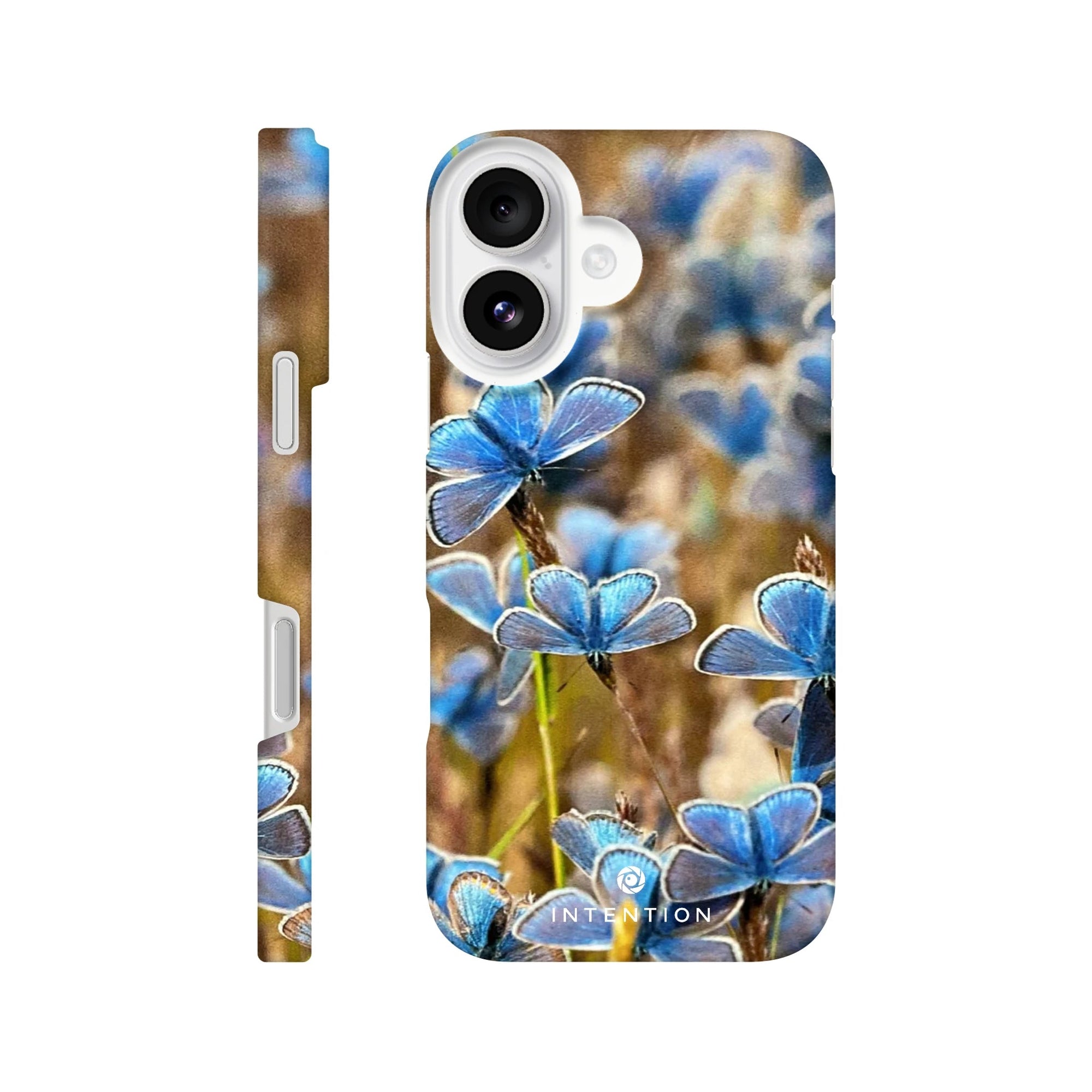 A phone case featuring a photo art close-up of multiple blue butterflies resting on small blue flowers, enhanced by delicate textures and a blurred natural background. The case design includes precise camera and button cutouts.
