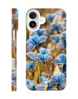 A phone case featuring an art print of blue butterflies on textured green and brown plants, with the word INTENTION in white near the bottom. The camera and side button openings are clearly visible.