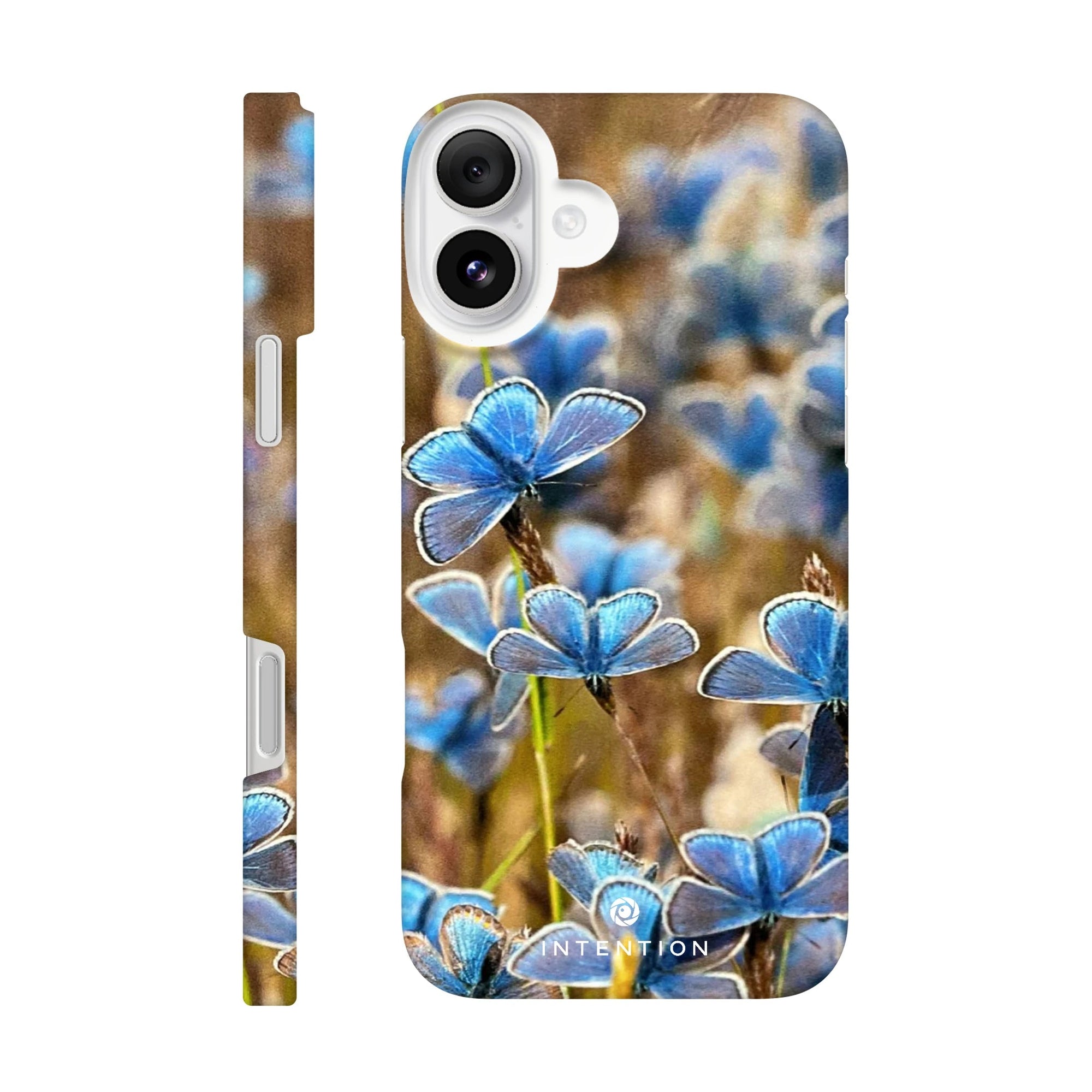 A phone case featuring an art print of blue butterflies on textured green and brown plants, with the word INTENTION in white near the bottom. The camera and side button openings are clearly visible.
