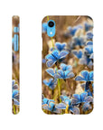 A phone case featuring photo art with a close-up image of blue butterflies on flowers, showcasing beautiful textures from back and side angles. The word INTENTION is printed near the bottom on the back of the case.