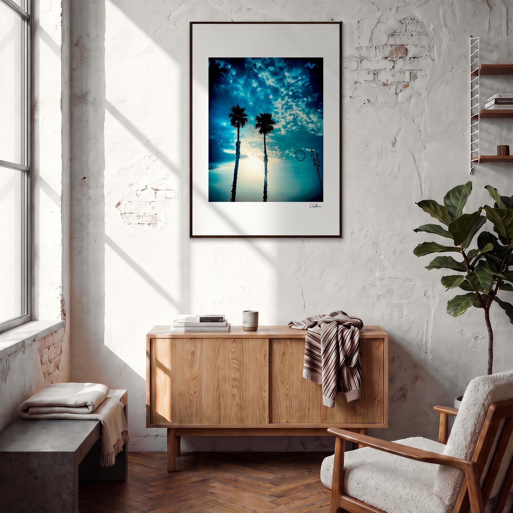Bubbles and Sky Sticks Framed print 70x100 cm / 28x40″ Dark wood frame in interior