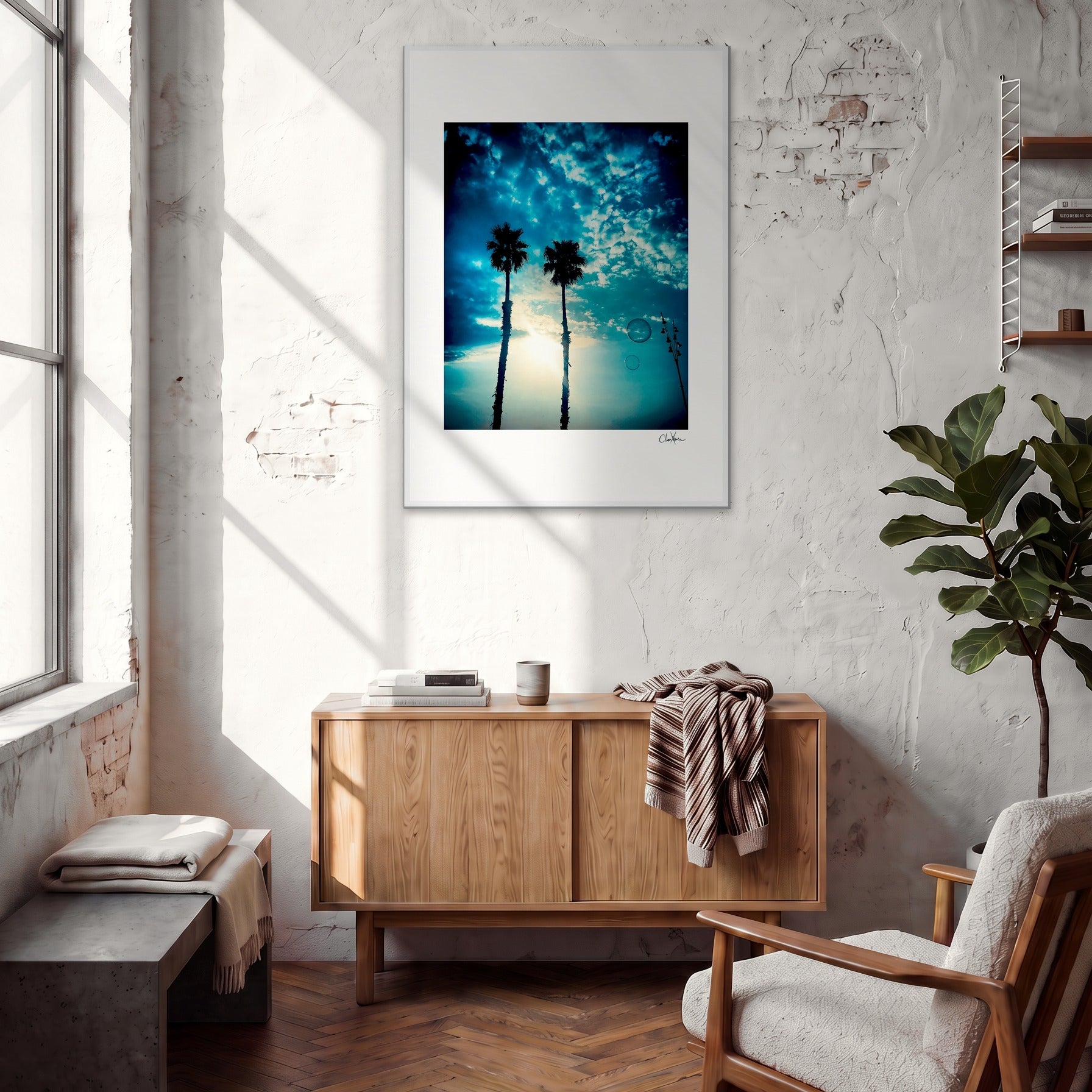 Bubbles and Sky Sticks Framed print 70x100 cm / 28x40″ White frame in interior