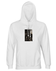 A white hooded sweatshirt featuring a small rectangular front print of tools and machinery in sepia tones—ideal mindful apparel for those who appreciate artful design.