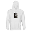 A white hooded sweatshirt featuring a small rectangular front print of tools and machinery in sepia tones—ideal mindful apparel for those who appreciate artful design.