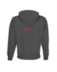 A dark gray hooded sweatshirt is shown from the back, featuring the word love in pink cursive text across the upper back below the hood. This mindful apparel piece embodies conscious fashion with its thoughtful art print design.