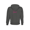 A dark gray hooded sweatshirt is shown from the back, featuring the word love in pink cursive text across the upper back below the hood. This mindful apparel piece embodies conscious fashion with its thoughtful art print design.