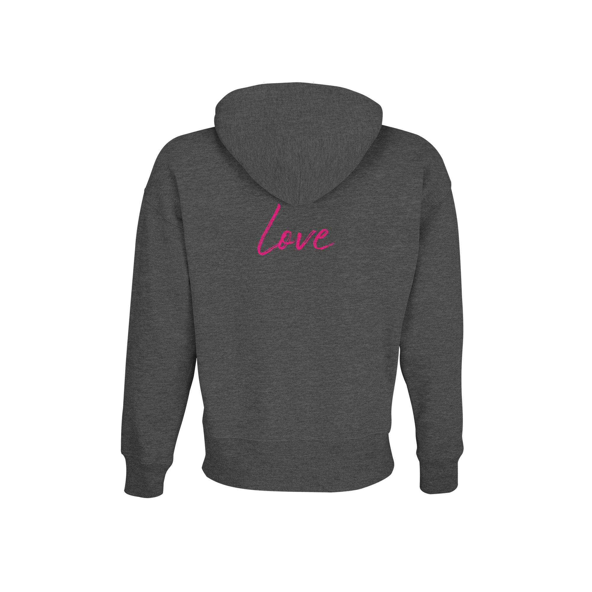 A dark gray hooded sweatshirt is shown from the back, featuring the word love in pink cursive text across the upper back below the hood. This mindful apparel piece embodies conscious fashion with its thoughtful art print design.
