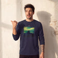 Calm - "Emerald Storms" French Navy Long Sleeve worn against a sunlit plaster wall